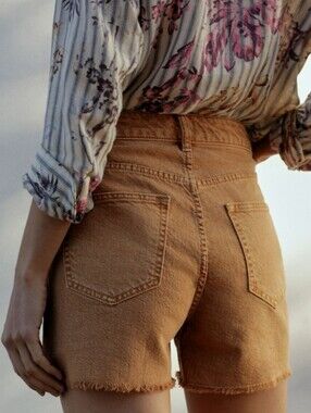 Pilcro Anthropologie High Rise Slim Denim Shorts Burnt Orange Tan Raw Hem 30